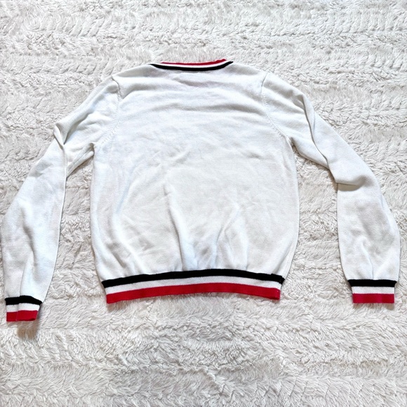 White preppy kids  Varsity Striped Sweater with navy and red stripes Size 13/14 - Picture 2 of 5